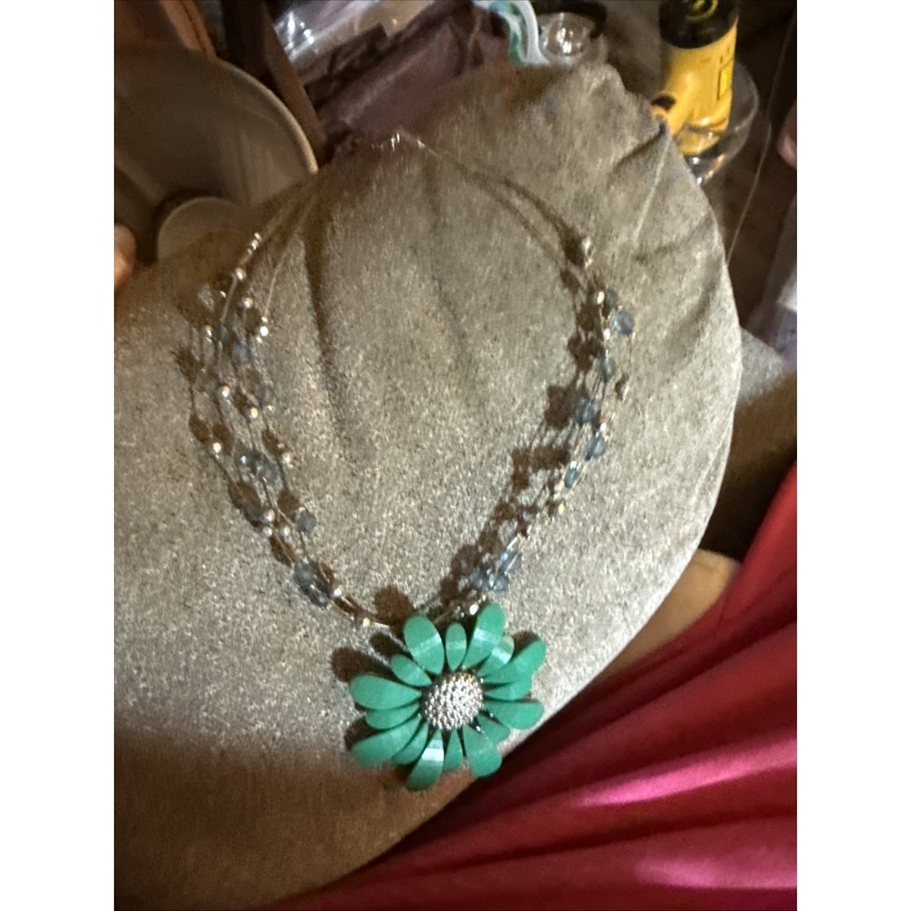 Blue Green Flower Jewelry Necklace  Beaded Choker Pre Owned